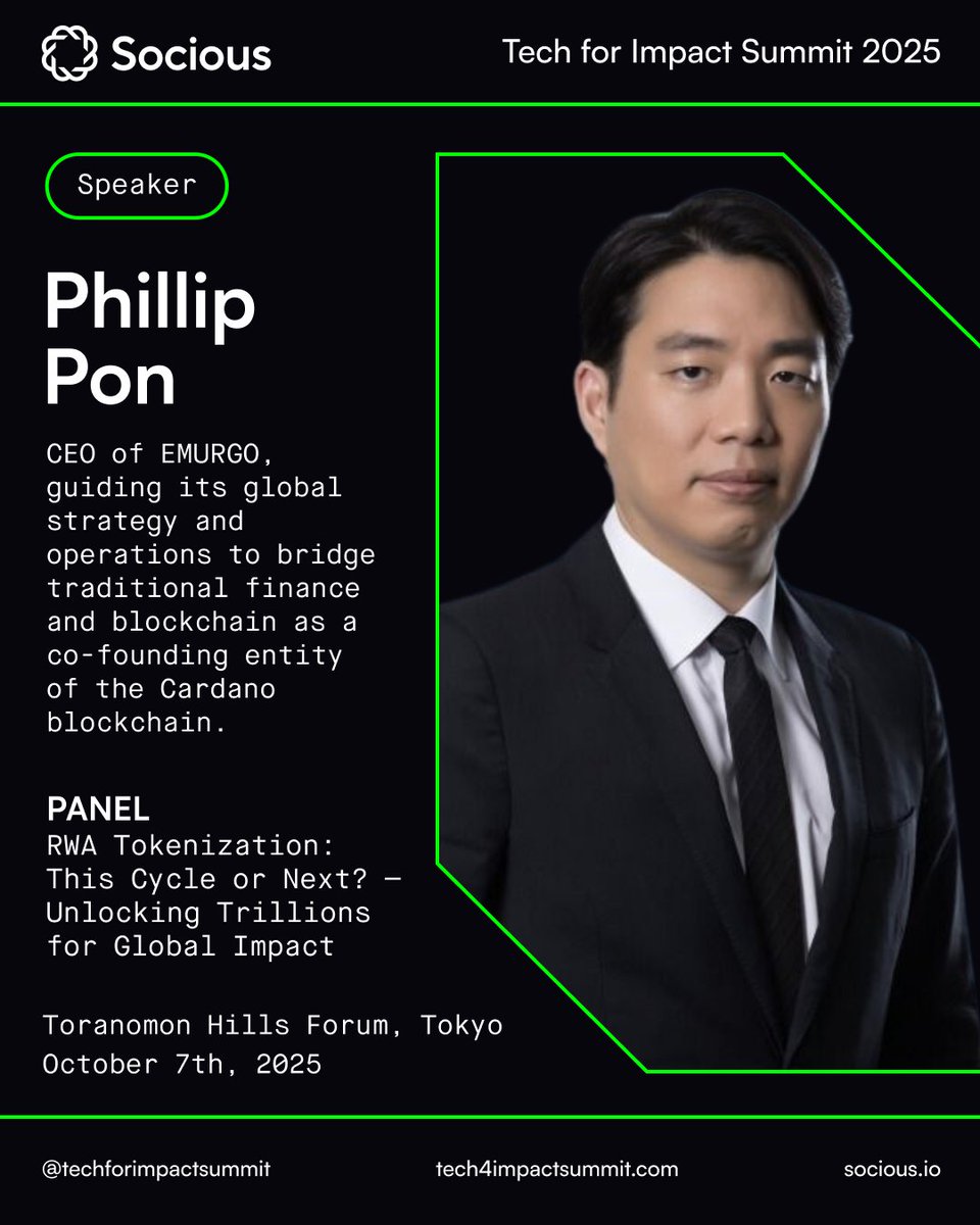 T4ISummit's tweet image. Meet Phillip Pon, CEO of EMURGO & Cardano co-founder org, at #TechForImpactSummit 2025!
🎤 RWA Tokenization: This Cycle or Next? — Unlocking Trillions for Global Impact
🎟 tech4impactsummit.com/tickets
#PhillipPon #Cardano #DeFi #Blockchain #DigitalFinance #SociousDAO