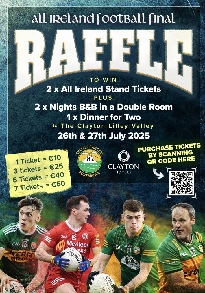 BernardCasey90's tweet image. Well lads, our club is raffling off 2x All Ireland tickets plus 2x Night B&B with dinner for 2 in the Clayton Liffey Valley. Funds from this will go towards a lit walkway around the GAA pitch for people/families to safely walk in the evenings/night.
member.clubspot.app/club/skellig-r…