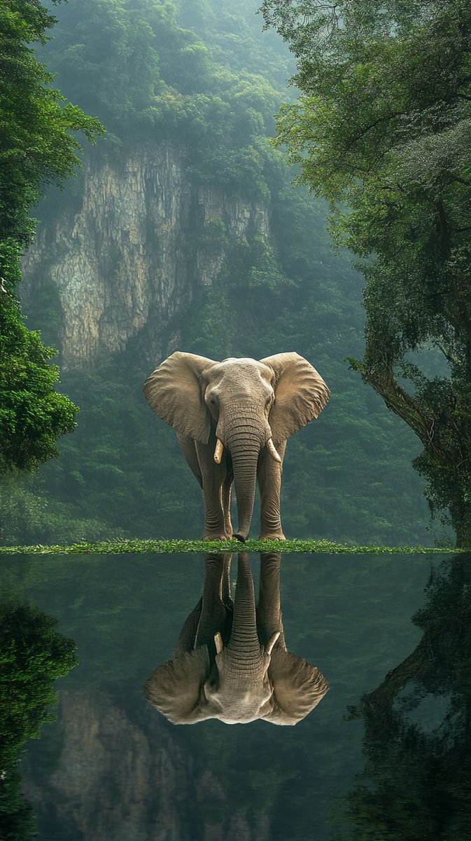 Axaxia88's tweet photo. This photo is amazing, the scene of the elephant amidst the lush forest with a perfect reflection creates a mysterious and spectacular beauty! https://t.co/Sbf5Oi5Ttl