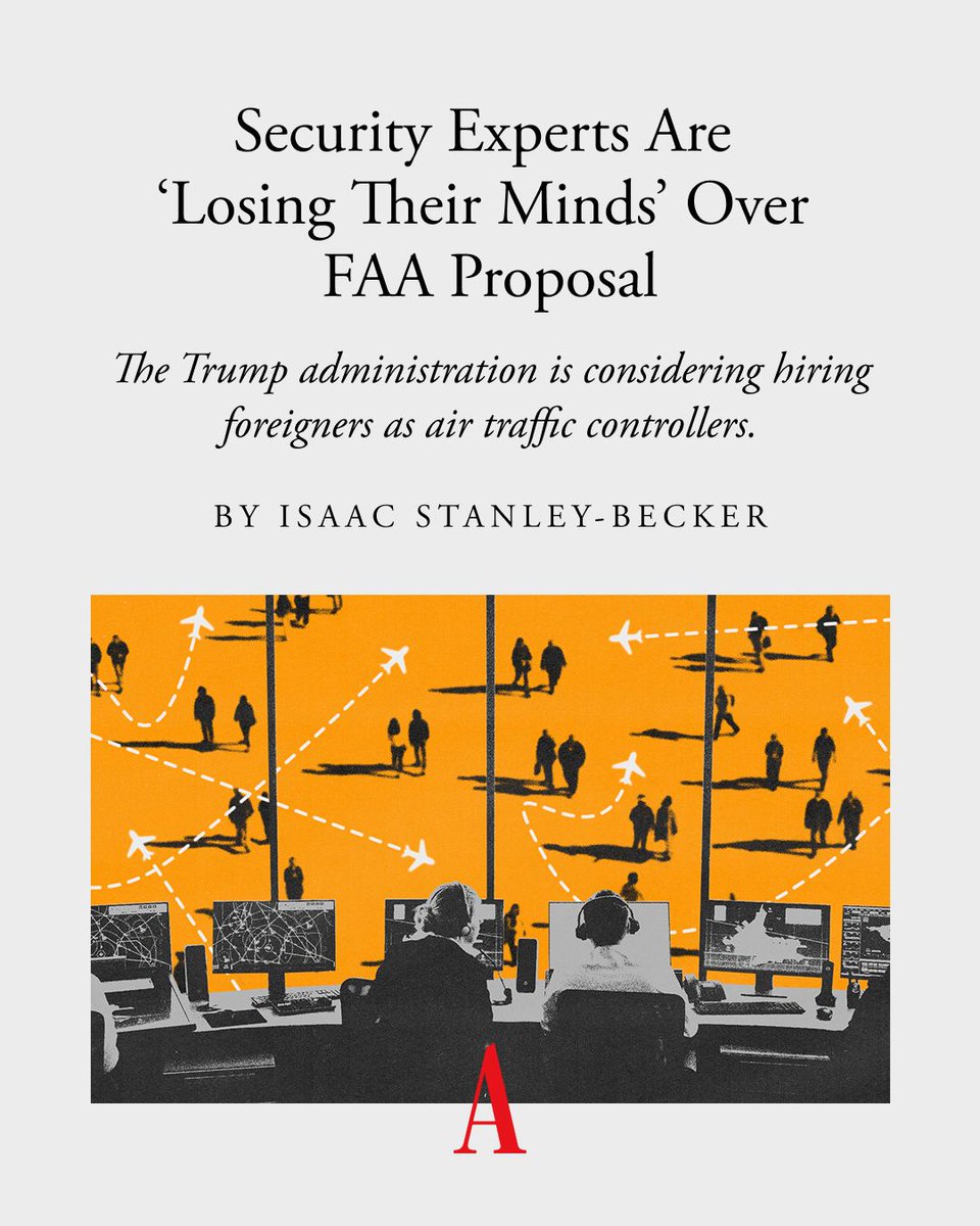 TheAtlantic's tweet image. The FAA is considering a plan to hire foreigners to fill vacant air-traffic-controller jobs amid a national shortage, documents obtained by @isaacstanbecker reveal. One official tells him the FAA’s security experts are “losing their minds” over the idea. theatln.tc/1mUSMJ4h