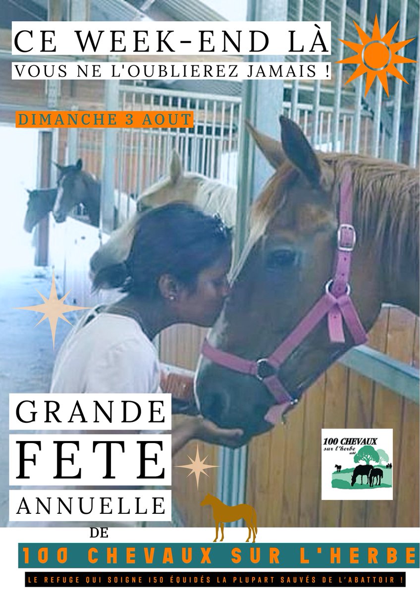 100CHEVAUXSURLH's tweet image. NOTRE GRANDE FÊTE ANNUELLE ! Dimanche 3 août –
Au cœur du Refuge 100 CHEVAUX SUR L’HERBE
Ce jour-là, notre domaine s'animera pour un moment de joie, de partage et d’émotion, autour de nos 195 animaux rescapés, dont 150 chevaux, mais aussi des vaches, des moutons, des chèvres