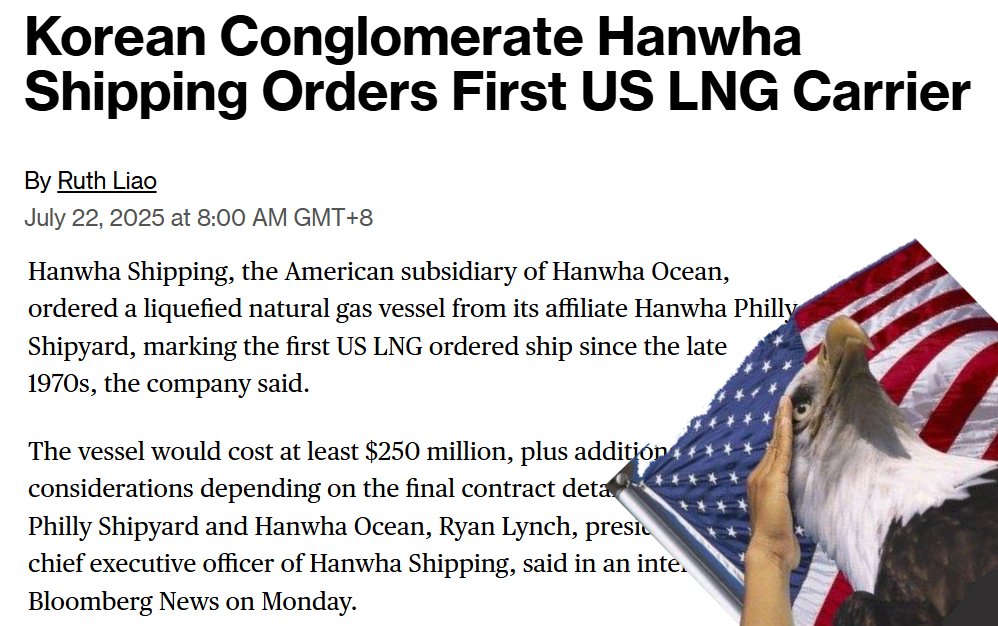 SStapczynski's tweet image. The first American-made LNG carrier since the late 1970s was just ordered
🇺🇸🚢⚠️
🤝 Korea's Hanwha Shipping will buy the ship from its affiliated Philly shipyard
🇨🇳 The order comes as the US released wide-ranging policies to target Chinese shipbuilding
bloomberg.com/news/articles/…
