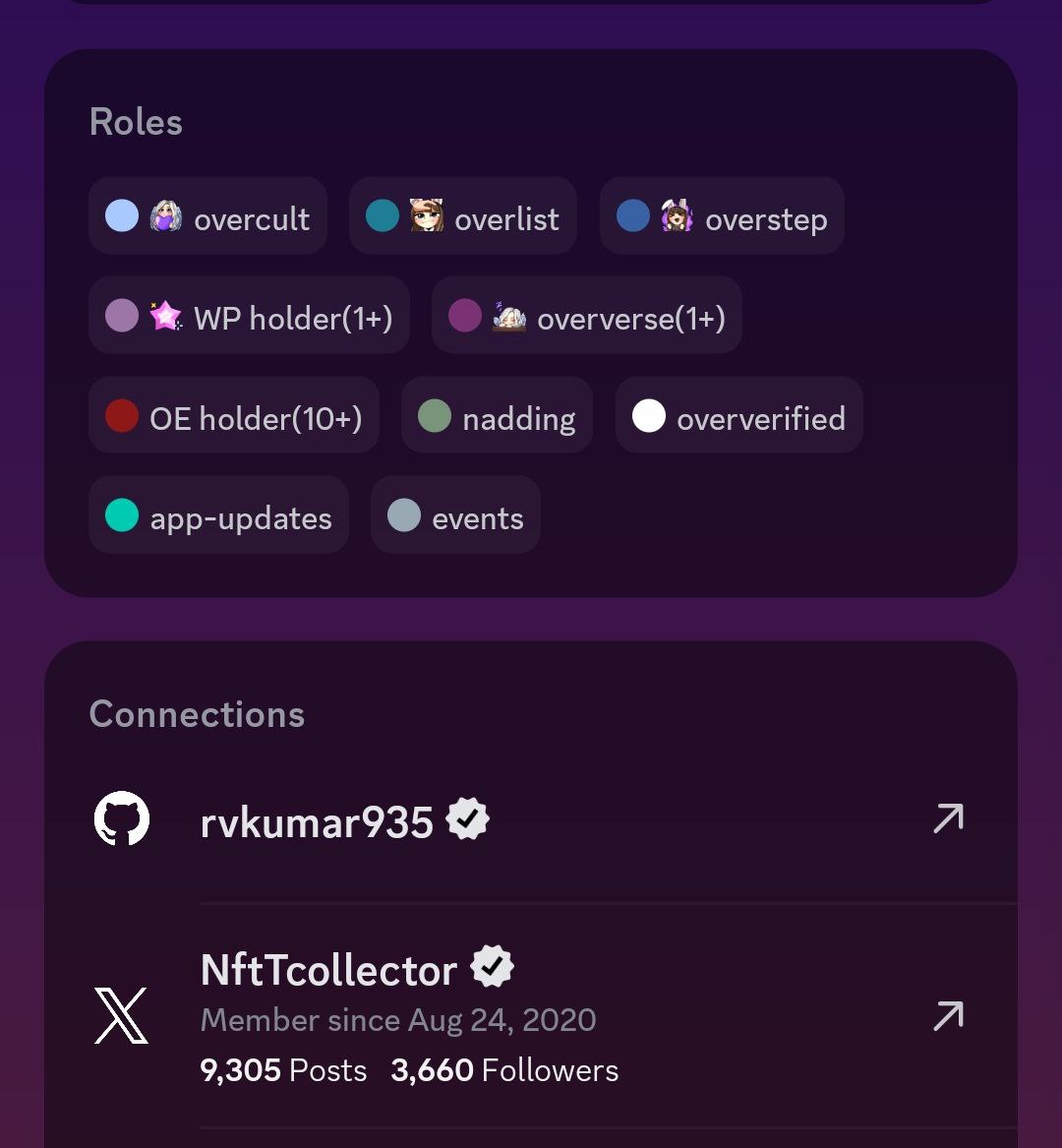 NftTcollector's tweet image. Gmonad💜
WAO! What a Day 😍

Just secured both $Overcult and $Overlist roles in the @overnads Discord 
Big thanks to @Sunonphyse 💜

Also sitting in Top 3 on the Overnads App leaderboard🏆 

Hope you all enjoying the app and grinding hard 
You never know, top spots might just…