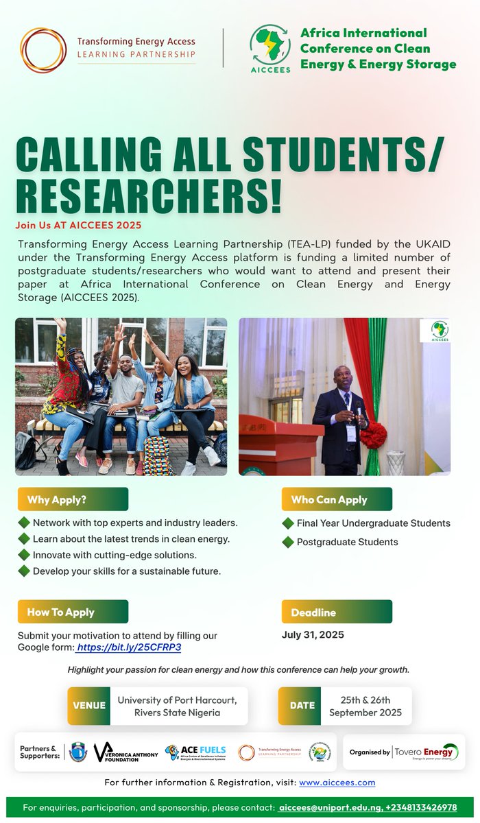 ToveroEnergy's tweet image. At AICCEES 2025, one of our major themes is “Energy Access & Energy Supply in Africa.”
Submit here: aiccees@uniport.edu.ng
If you need funding, apply here: bit.ly/25CFRP3
Visit aiccees.com for more
