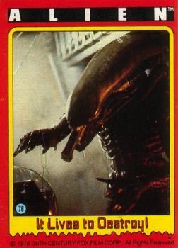 Alien_Theory's tweet image. Alien Topps Trading Card: “It lives to destroy!”
The Alien - awesome, nightmarish - has been hiding in the Narcissus shutflecraft
all along! Instantly, Ripley whirls into the spacesuit storage container as the relentless Creature peers through the locker window…!
