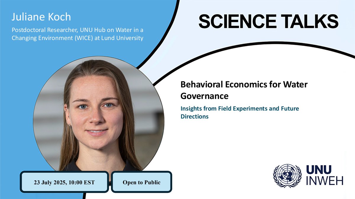 UNUINWEH's tweet image. ๐ ๐๐๐๐๐๐๐ ๐๐๐๐ | July 23, 10:00 EST
How can behavioural economics support better water governance?
Join Dr. Juliane Koch to explore how field insights can shape smarter, fairer water policy.
๐
Open to all | Register: unu.edu/inweh/event/scโฆ
#UNUINWEH