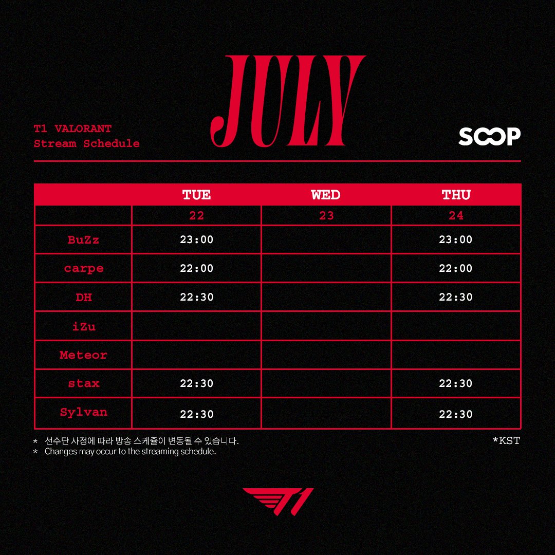 T1's tweet image. JULY WEEK 4 Streaming Schedule Updates!
BuZz: ch.sooplive.co.kr/ybc4887
carpe: ch.sooplive.co.kr/lis1538
DH: ch.sooplive.co.kr/dhvlrt
iZu: ch.sooplive.co.kr/gkadnwn0923
Meteor: ch.sooplive.co.kr/kimtaeoh82
stax:ย ch.sooplive.co.kr/stax0216
Sylvan: ch.sooplive.co.kr/ko73111no5