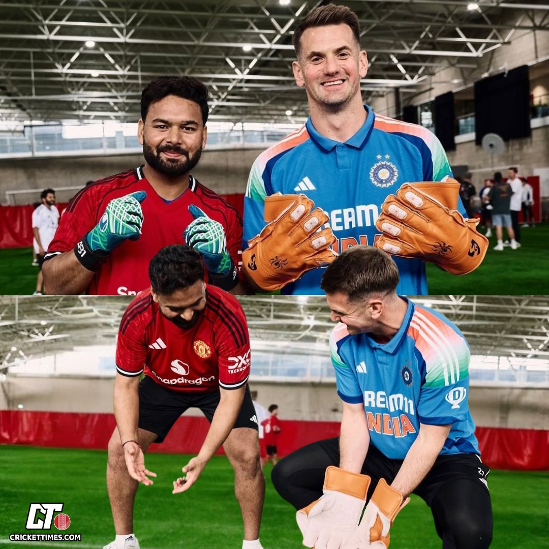 CricketTimesHQ's tweet photo. Tom Heaton is learning some wicketkeeping skills from Rishabh Pant 🙌
#TomHeaton #RishabhPant #ManchesterUnited #CricketTwitter https://t.co/0zX0jhZAGI