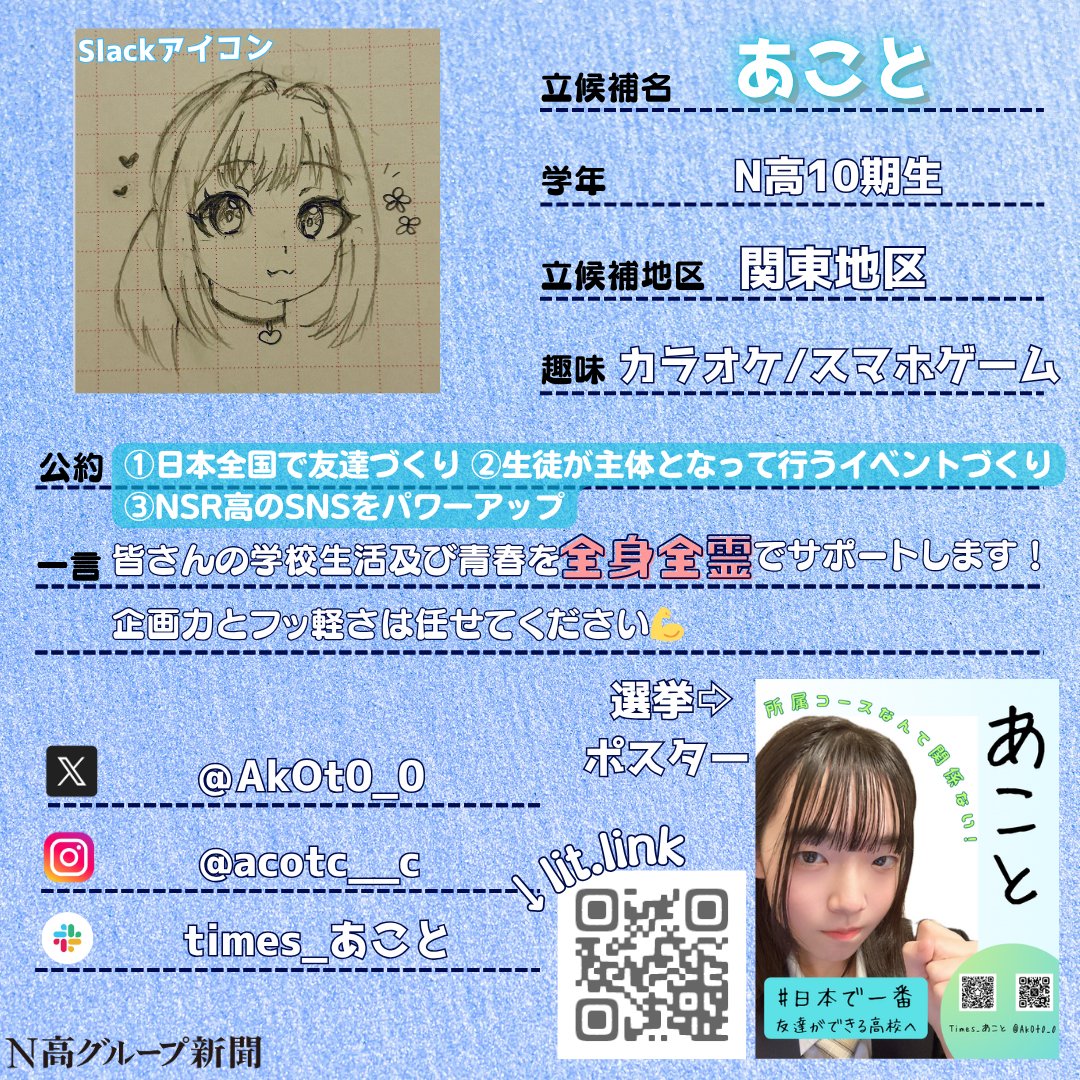 nshighnewspaper's tweet image. 【生徒会役員選挙立候補者プロフィール帳大公開!】
いよいよ後半に差し掛かる #生徒会役員選挙 。
#N高グループ新聞 のXでは立候補者から募集したプロフ帳を載せていきます!🙌✨
一人目
あことさん
lit.linkURL:lit.link/akOtO
二人目
田崎真大さん…