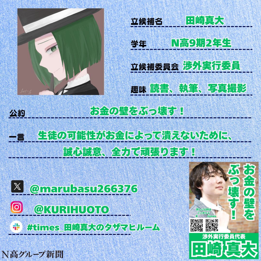 nshighnewspaper's tweet image. 【生徒会役員選挙立候補者プロフィール帳大公開!】
いよいよ後半に差し掛かる #生徒会役員選挙 。
#N高グループ新聞 のXでは立候補者から募集したプロフ帳を載せていきます!🙌✨
一人目
あことさん
lit.linkURL:lit.link/akOtO
二人目
田崎真大さん…