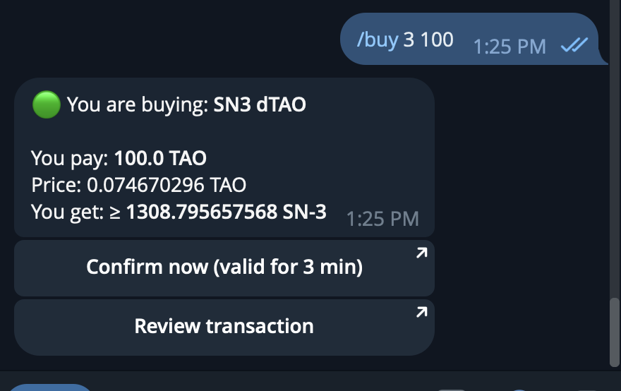 axionyu's tweet image. Some examples of how you can use our Telegram Trading Bot as your pocket trading terminal
Click /buy 3 100, to buy 100 tao worth of templar tokens automatically
Enter /sn to view the price and info about subnets.
Enter /sn123 to view Subnet 123 info (with charts)
