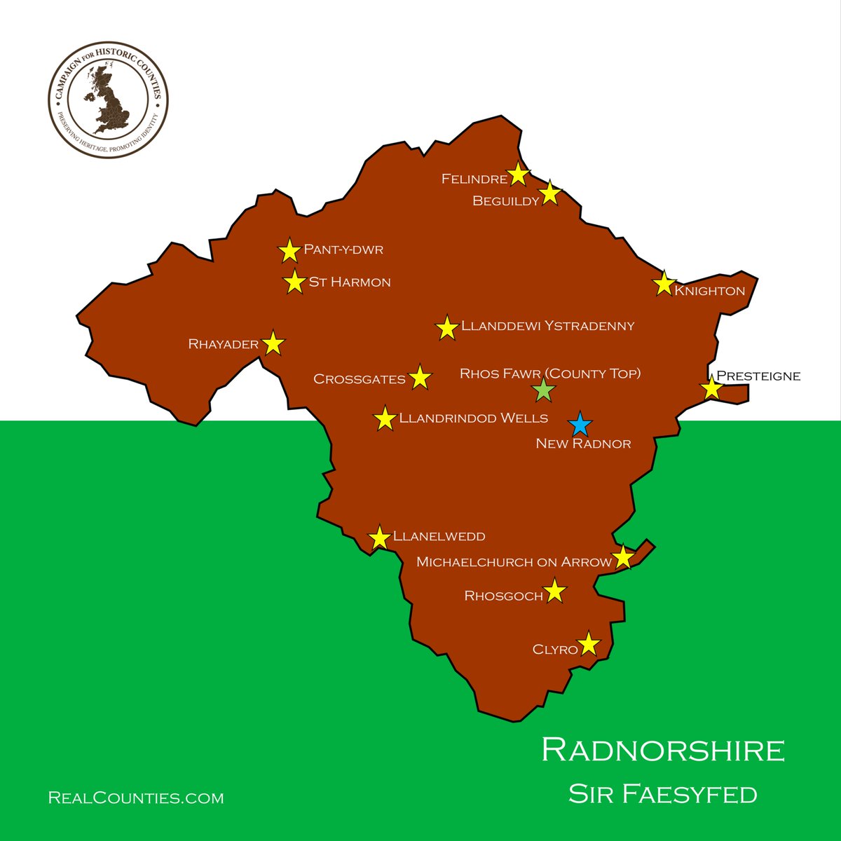 RealCounties's tweet image. No centre in Radnorshire / Sir Faesyfed exceeds a population of 6,000.
Only one, Llandrindod Wells, exceeds 5,000.
🔹 Knighton (partly in Shropshire)
🔸 Llandrindod Wells
🔹 Llanelwedd
🔸 Presteigne (partly in Herefordshire)
🔹 Newbridge on Wye
🔸 New Radnor
🔹 Rhayader