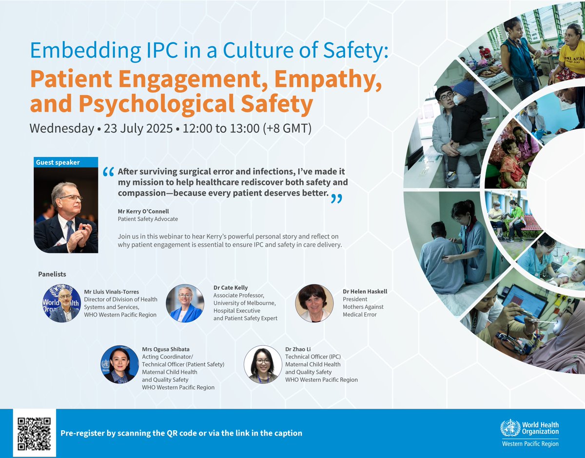 WHOWPRO's tweet image. At some point, many of us have been patients.
Let’s make health care safer - together.
Join our webinar on 23 July, 12:00-1:00 PM Manila time (GMT+8) to discuss building a culture of safety in health care - focusing on infection prevention, empathy and patient engagement.…