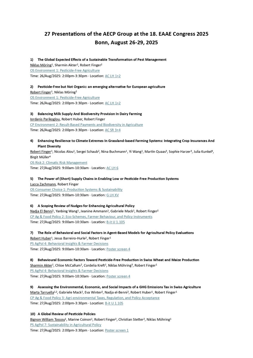 RobertFinger1's tweet image. We are thrilled that 27 papers with AECP group (co)authorship are being presented at the 18th EAAE Congress 2025!

We are looking forward to presenting our work in Bonn and to exchanging ideas with you

Details congress ilr1.uni-bonn.de/eaaecongress20…
Details AECP aecp.ethz.ch