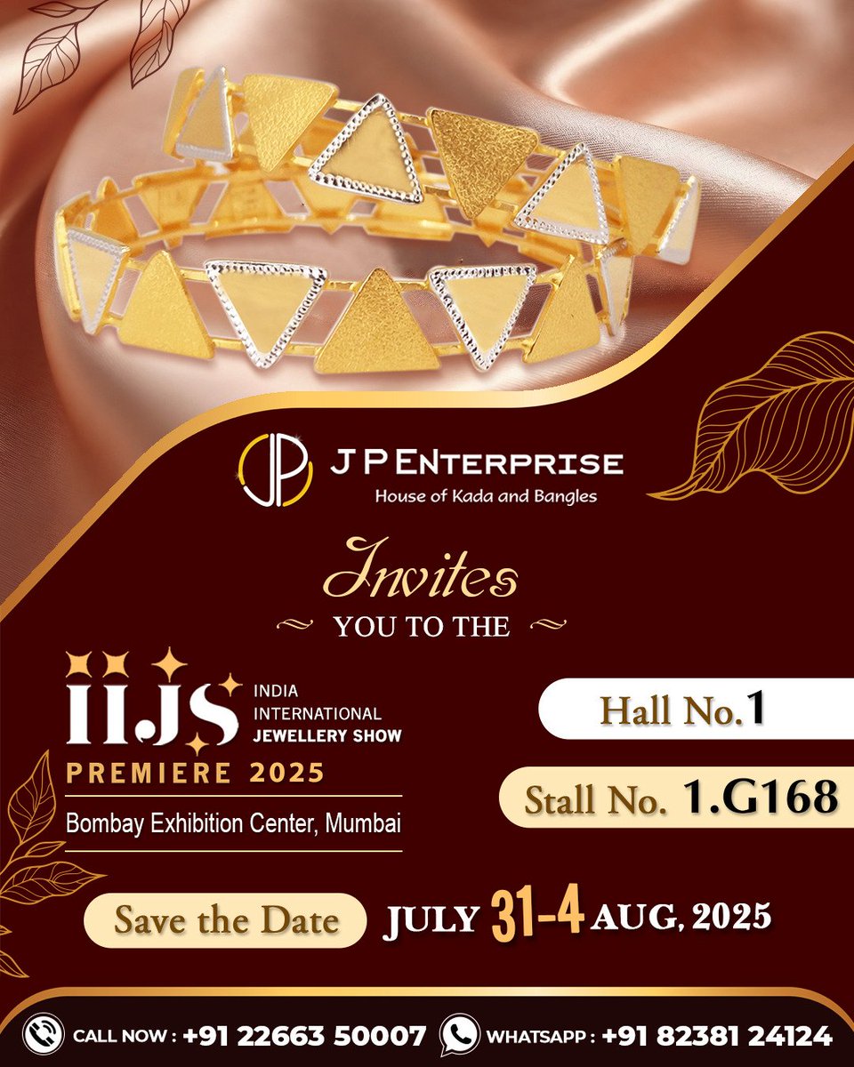 jpbangles's tweet image. Meet Us at India’s Biggest #Jewellery Show – #IIJS2025

✨ Explore timeless #goldbangles &amp;amp; traditional #kadas with @jpbangles

📍 #Bombayexhibitioncenter Mumbai
📆 July 31 to Aug 4, 2025

#IIJSPremiere2025 #JewelleryBusiness #GoldJewelry #weddingjewellery #bangle #JewelryDesign