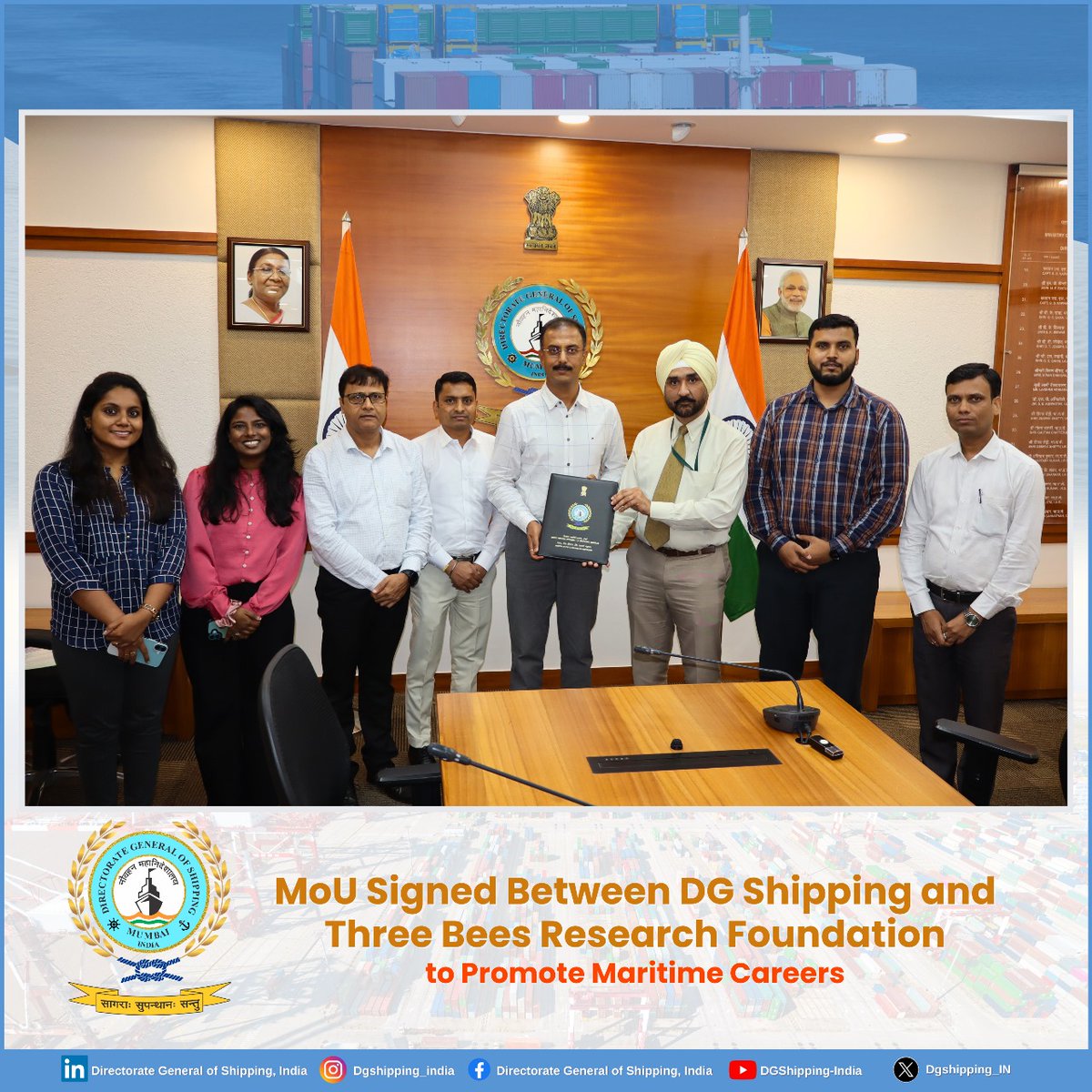 dgshipping_IN's tweet photo. We’re excited to announce that DG Shipping has officially signed an MoU with Three Bees Research Foundation on 21.07.2025 to promote the Merchant Navy as a career option among the students of Class 9 to 12 across India.

Three Bees Research Foundation will spearhead a nationwide series of exposure trips to schools and educational institutions—introducing young minds to the opportunities in maritime careers and inspiring the next generation of seafarers.

#MerchantNavy #DGShipping #CareerAtSea #SeafarersOfTomorrow #MaritimeIndia #BlueEconomy #YouthEmpowerment #ShippingCareers #SkillIndia #MakeInIndia #ThreeBeesFoundation #MoU #MaritimeAwareness #ExploreMaritime #IndiaAtSea #DGS