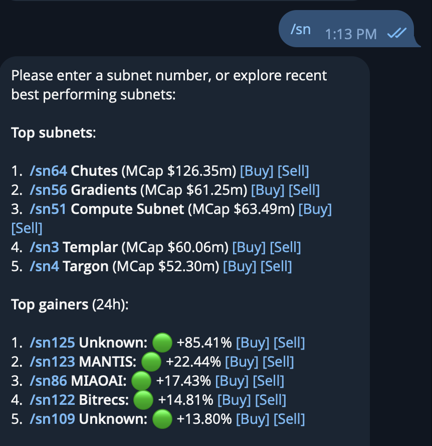 axionyu's tweet image. Some examples of how you can use our Telegram Trading Bot as your pocket trading terminal
Click /buy 3 100, to buy 100 tao worth of templar tokens automatically
Enter /sn to view the price and info about subnets.
Enter /sn123 to view Subnet 123 info (with charts)