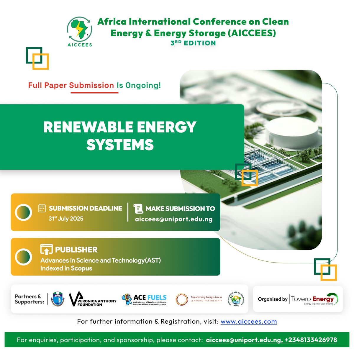 ToveroEnergy's tweet image. Are you working on:
1. Solar PV integration
2. Hybrid renewable systems
3. Grid-connected and off-grid solutions
4. Policy frameworks and incentives
5. Energy storage for renewables
Submit your paper: aiccees@uniport.edu.ng
Apply for funding here: bit.ly/25CFRP3