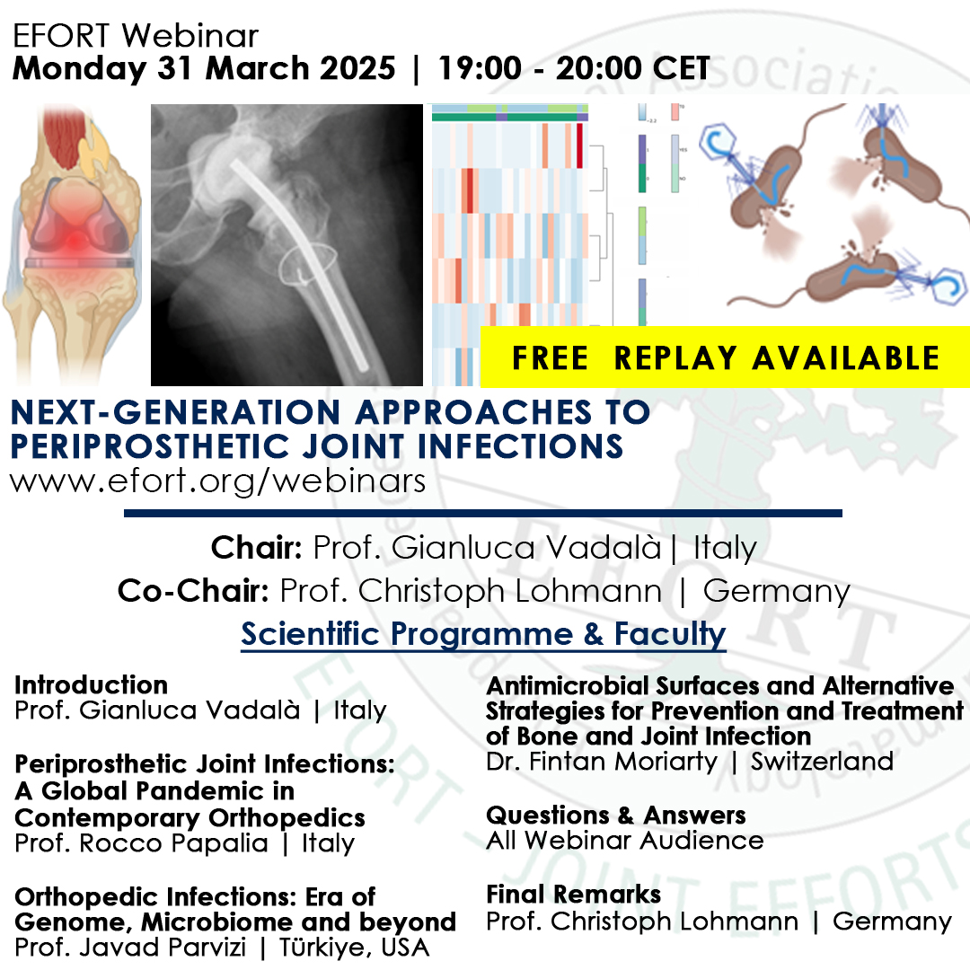 Summer replay! ☀️ This Tues, revisit #EFORT's 31 Mar webinar: "NEXT-GENERATION APPROACHES TO #PERIPROSTHETIC #JOINTINFECTIONS" by BRG experts. Chaired by Prof. Vadalà &amp; Lohmann. Free, independent education. Watch &amp; share!
🔗 bit.ly/EFORTWebinarMA…
#EFORTWebinars #PJI