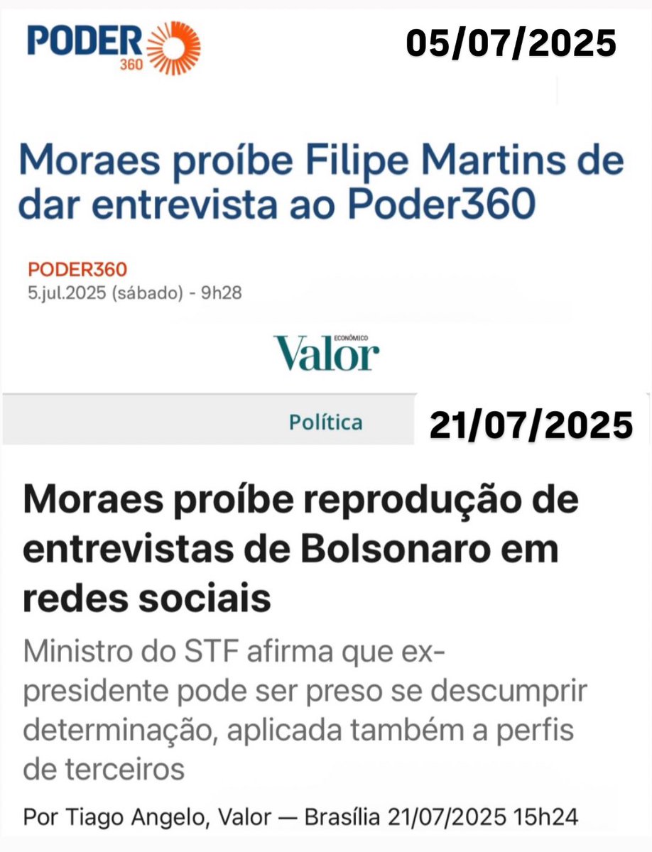 Moraes saiu do controle!!!

Agora, além de proibir Bolsonaro de falar, também censura quem ousa reproduzir entrevistas dele nas redes sociais. Até entrevista do Filipe Martins foi barrada!

É censura. É autoritarismo. É abuso de poder.

Moraes não quer justiça, quer silêncio.