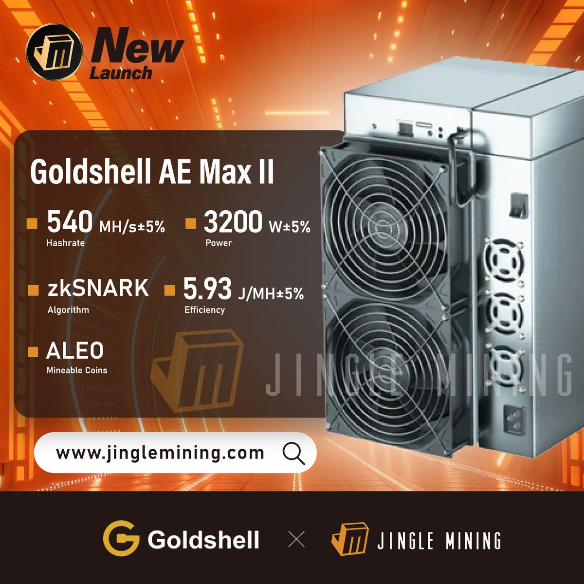 Goldshell recently released the second generation of AE Max. 

🔹 Hashrate: 540MH/s ±5%
🔹 Power: 3200W ±5% (5.93J/MH)
🔹 Algorithm: zkSNARK
🔹 Noise: ≤85dB | Dual 7000rpm Fans
🔹 Ethernet Only | 16A Cable
🔹 Size: 264×200×290mm | 12.45kg
🔌 Input: 180–285V AC
🔥 Operating Temp:
