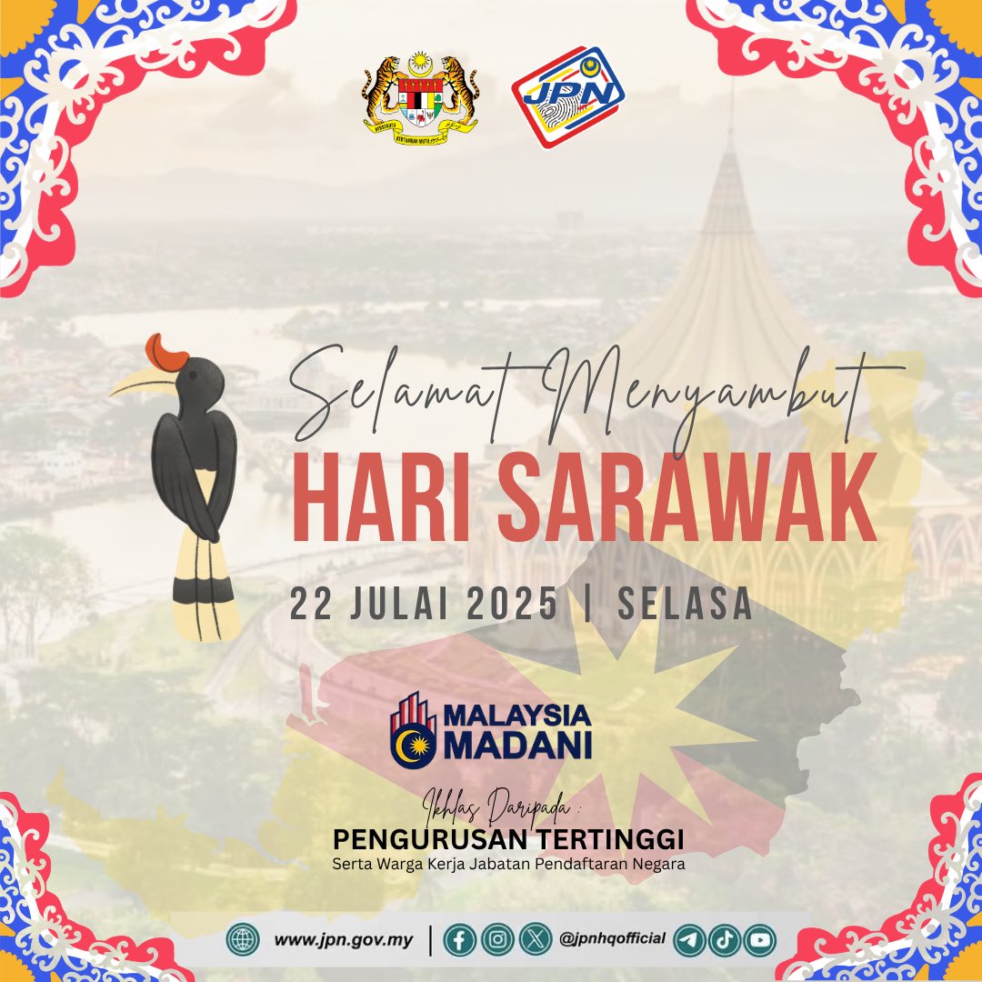 jpnhqofficial's tweet image. Pengurusan Tertinggi serta warga JPN mengucapkan selamat menyambut Hari Sarawak.
#RakyatDiHatiJPN
#MalaysiaMADANI
#JPNDiManaMana