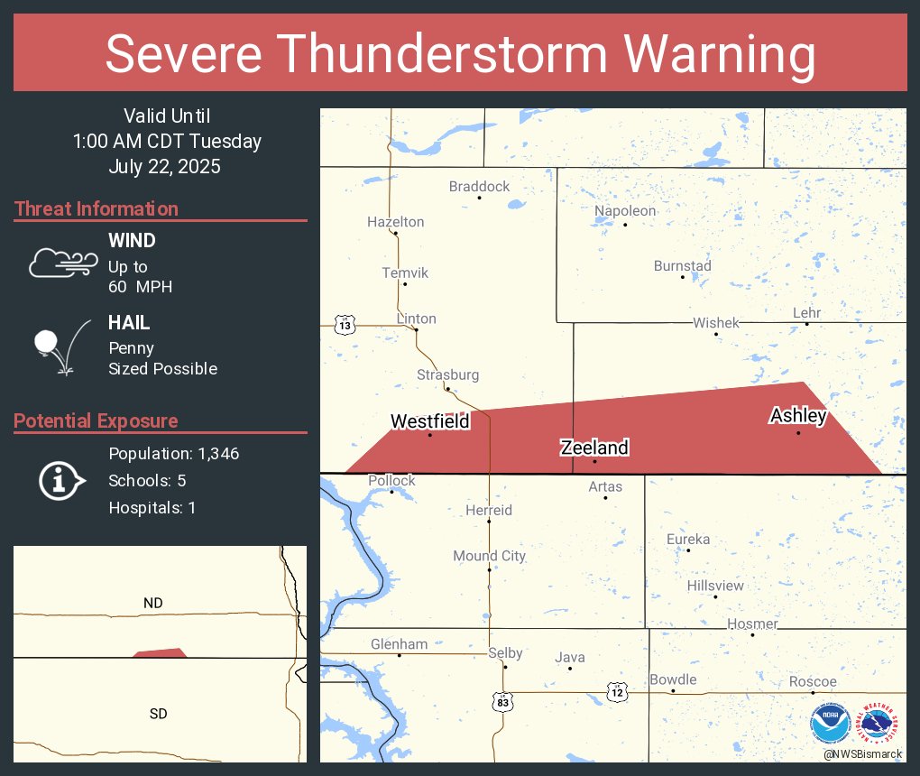 NWSBismarck's tweet image. Severe Thunderstorm Warning continues for Ashley ND, Zeeland ND and Hague ND until 1:00 AM CDT