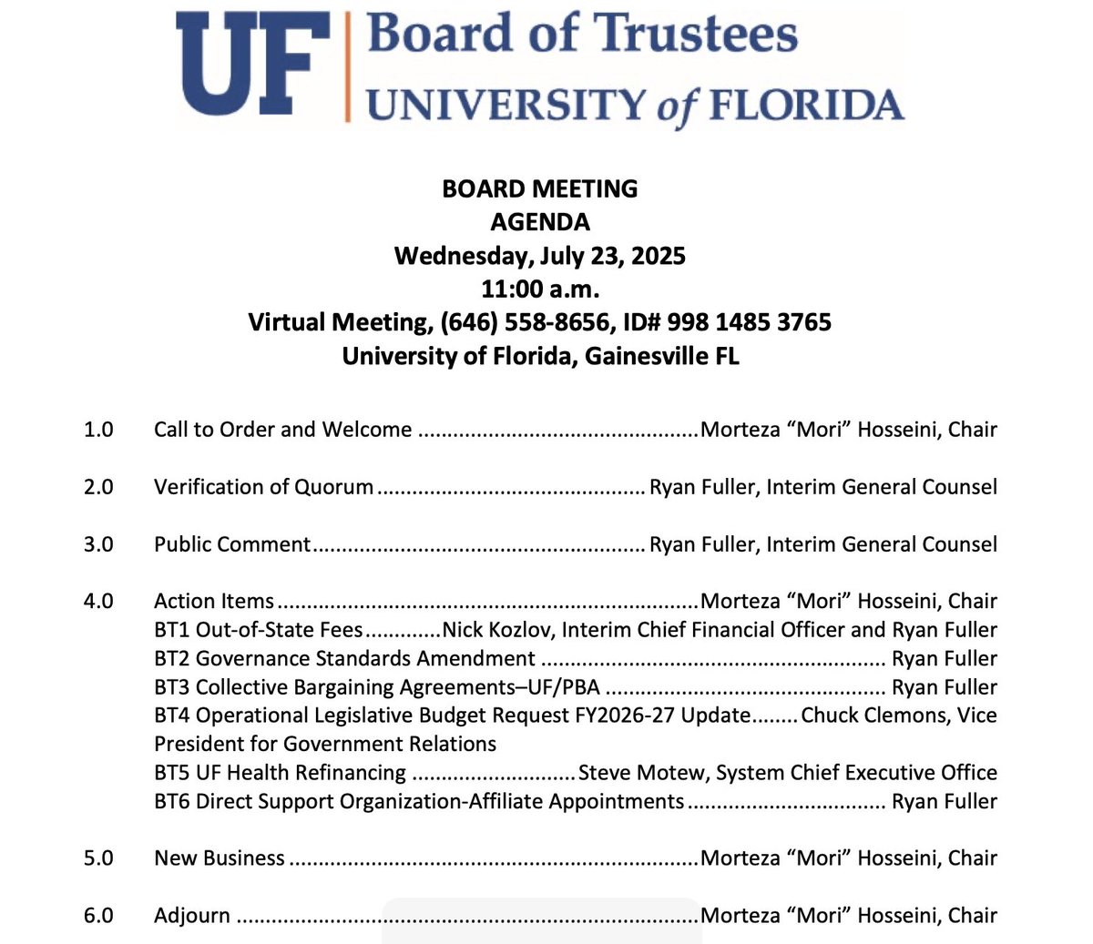 CommiesOnCampus's tweet image. 🔥UF Board of Trustees Meet Tomorrow; Agenda Makes No Mention of President Search
@UF Interim President Kent Fuchs' contract expires July 31.