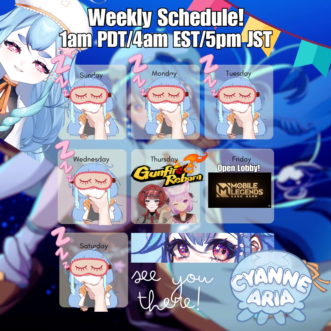 Cyanne Aria💙🪼【lucid☁️】 (@cyannearia) on Twitter photo Schedule of the week! It's a little bit late but hey! We're here! Also playing with <a href="/KagamiFuri/">賀上ふり✨🎸Kagami Furi【lucid ☁️】</a> <a href="/5eraKesera/">Sera Kesera 📈‼️【lucid ☁️】</a> And more open lobby! Schedule of the week! It's a little bit late but hey! We're here! Also playing with <a href="/KagamiFuri/">賀上ふり✨🎸Kagami Furi【lucid ☁️】</a> <a href="/5eraKesera/">Sera Kesera 📈‼️【lucid ☁️】</a> And more open lobby!