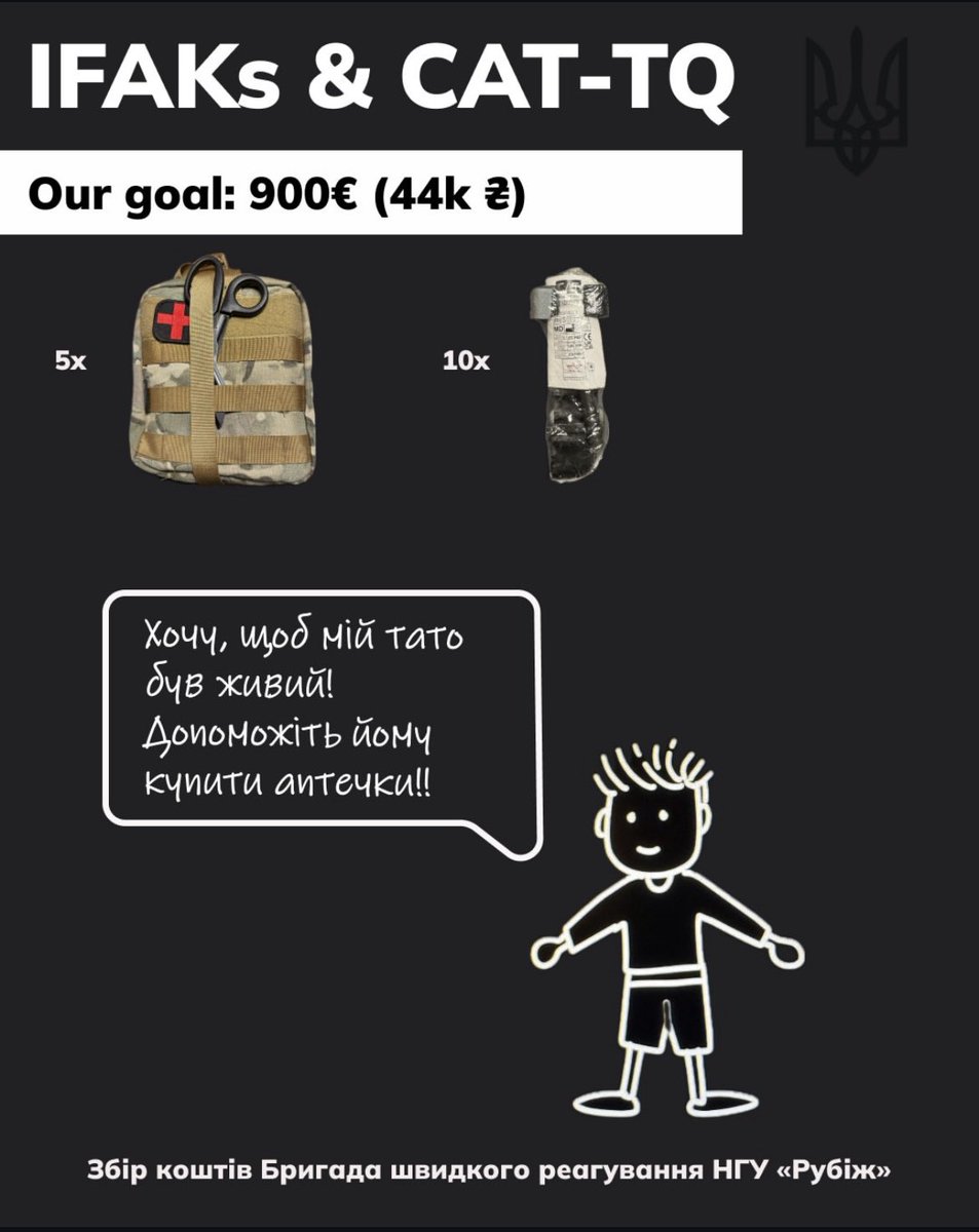 GordukUA's tweet image. 🚨 URGENT HELP - Rubizh Brigade (POKROVSK) 🚨
As every summer when I go to the east to Volunteer I don't come empty handed! Therefore we are bringing with your help for 900€! 🫡 Delivered personally by me ☺️
5x fully-equiped IFAKs
10x CAT-TQ
🫙 GOAL: 900€
💰 COLLECTED: 530€…