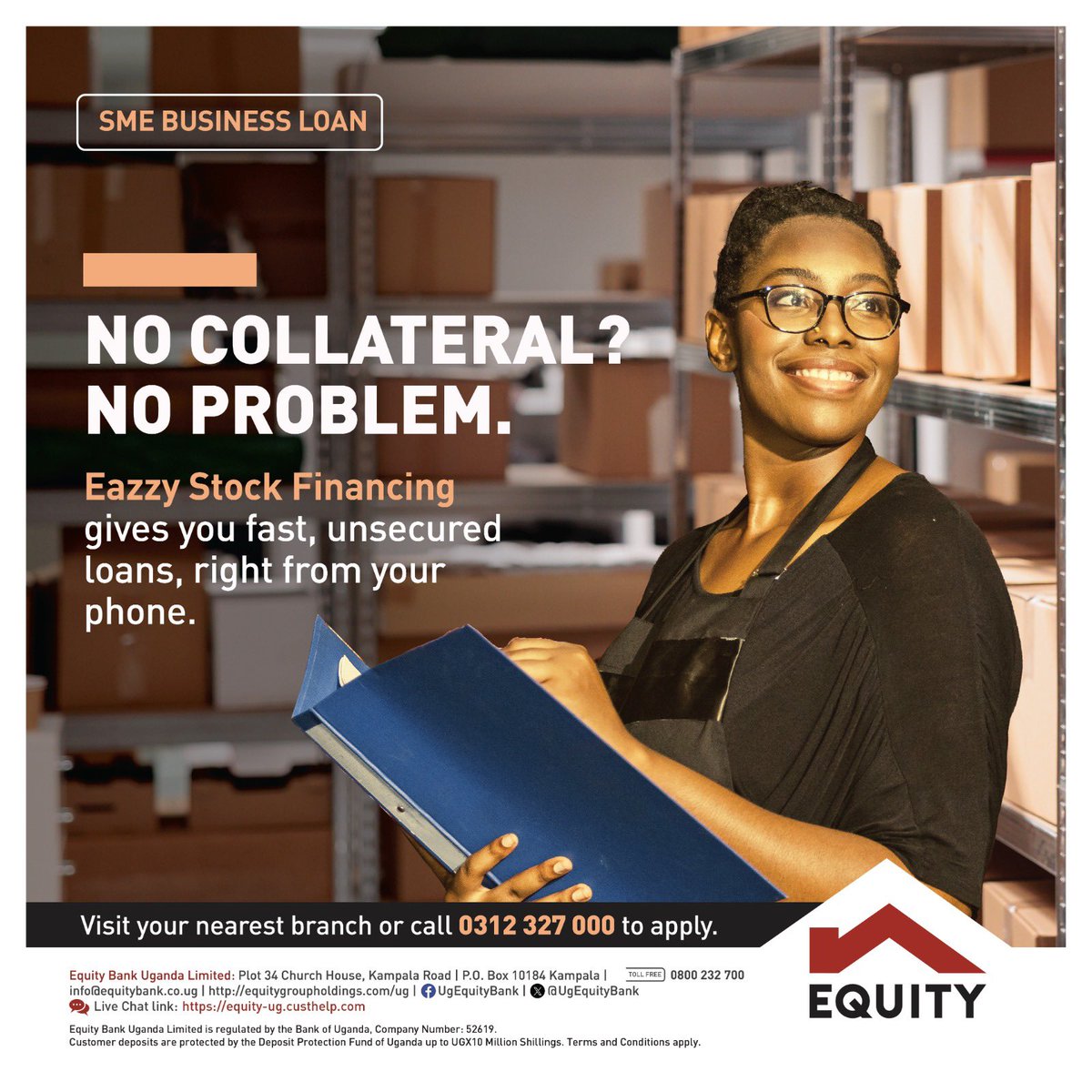UgEquityBank's tweet image. No collateral? No problem. 💼
Eazzy Stock Financing gives you fast, unsecured SME loans, right from your phone.
Grow your business with confidence!
Visit your nearest Equity branch or call 0312 327 000 to apply.
#EquityBankUganda