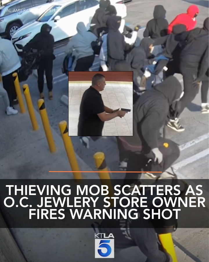 KTLA's tweet image. The shopkeeper told KTLA that there were too many hooded suspects to count and that likely the same crew of more than a dozen successfully a hit a jewelry store directly across the street the week before. Video & Details: ktla.com/news/local-new…