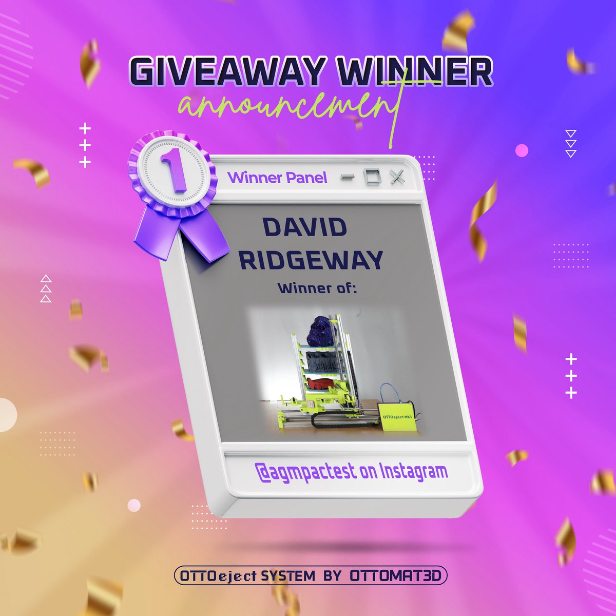 OTTOMAT3D's tweet image. 🎉 GIVEAWAY WINNER ANNOUNCEMENT! 🎉
Huge congrats to David Ridgeway (@agmpactest on Instagram) — the lucky winner of a complete OTTOeject System by OTTOMAT3D! 🖨️⚡
Thanks to everyone who entered and supported our mission to bring hands-free 3D printing automation to makers…