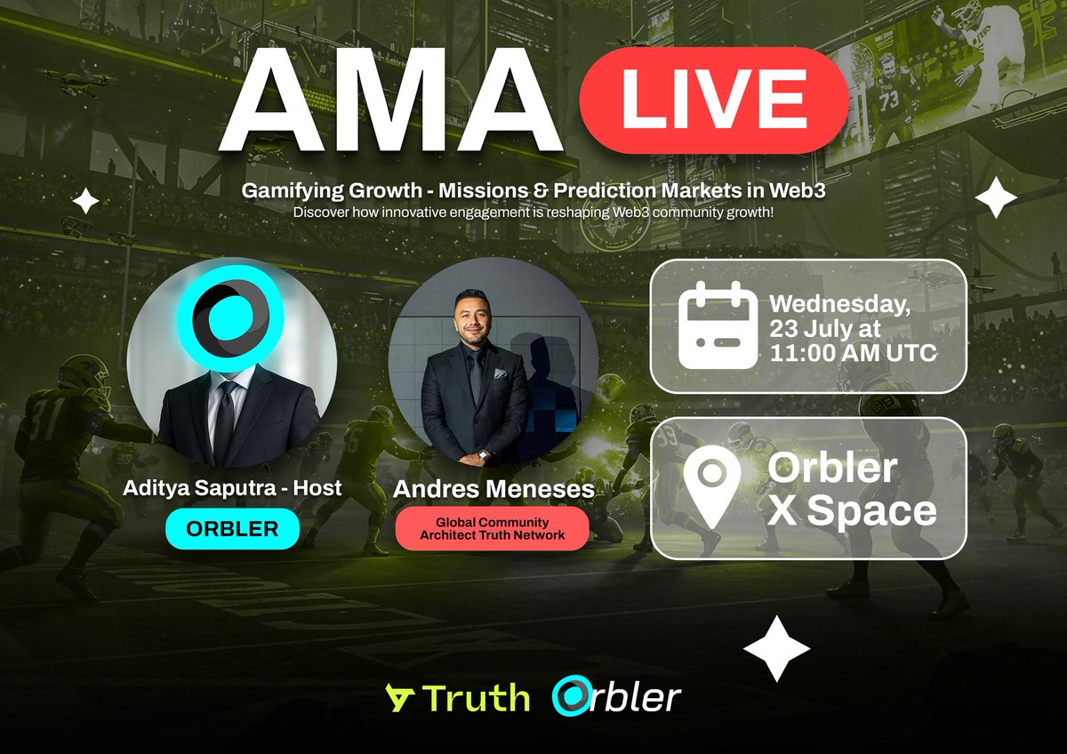 Orbler1's tweet image. 🚀 Live AMA Alert: @truth_network_ x @Orbler1! 🚀
Join us on 23 July 2025 at 11:00 AM UTC for an exciting deep dive into Gamifying Growth in Web3!
Discover how missions, prediction markets, and innovative engagement mechanics are reshaping user retention and driving real…