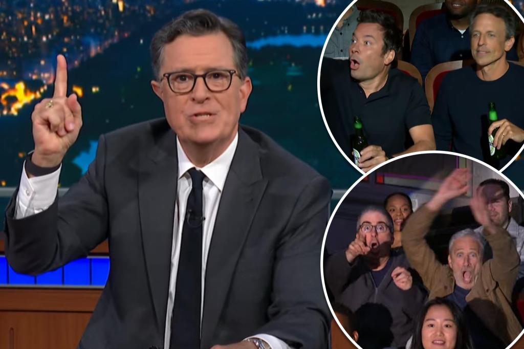 nypost's tweet image. Jimmy Fallon, John Oliver, Jon Stewart, Seth Meyers and other stars take over ‘The Late Show’ audience to support Stephen Colbert after cancellation news trib.al/WGx6FNQ
