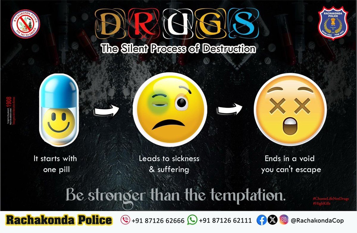 📷 DRUGS – The Silent Process of Destruction 📷It all starts with one pill...
📷 Then comes sickness and suffering...
📷 And ends in a void you can’t escape.
📷 Be stronger than the temptation.
#SayNOtodrugs #SayYEStolife #ChooseLifeNotDrugs #RachakondaPolice