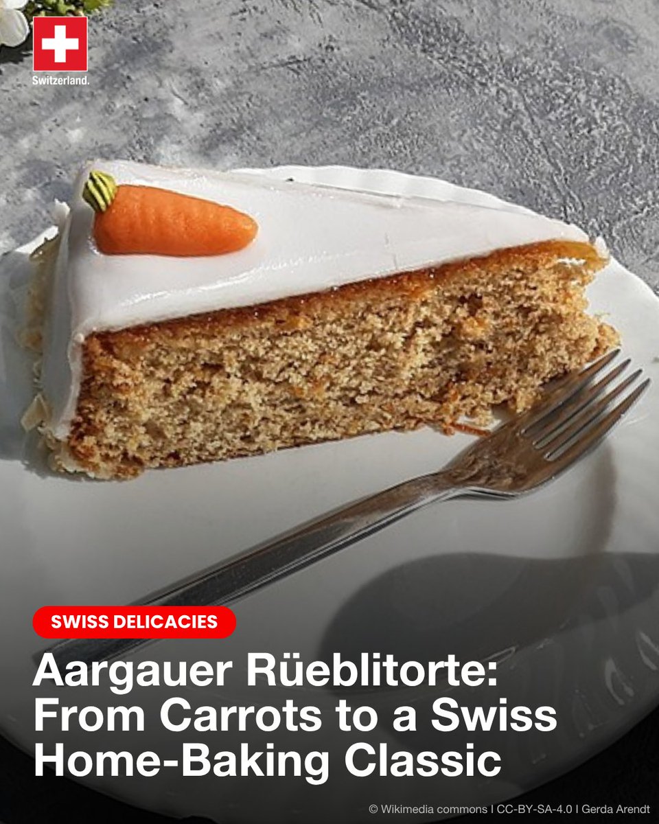 AbtSwitzerland's tweet image. Meet Aargauer Rüeblitorte, Switzerland’s beloved carrot cake! 🇨🇭
Made with carrots, eggs, and nuts, it's topped with glaze and marzipan carrots. A homemade classic from Aargau, it’s perfect with coffee or for birthdays. 🥕
ℹ️: bit.ly/3INPGKs