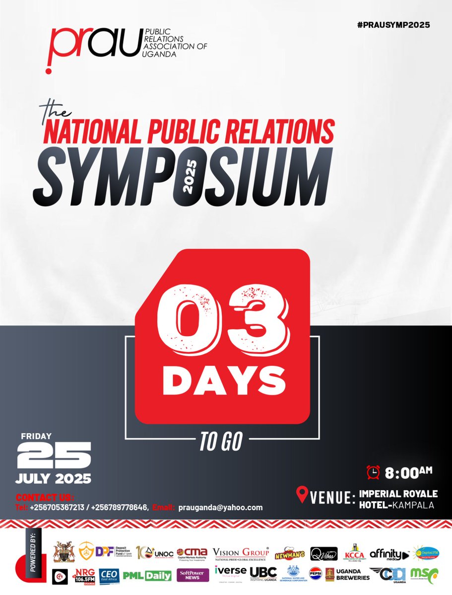 PRAU-Uganda (@prau_uganda) on Twitter photo π¨ ππ§π₯π² π ππππ ππ ππ! π¨
The countdown is ππ to the most anticipated communications gathering of the year, the #NationalPRSymposium25
πThis Friday | Imperial Royale Hotel
ποΈHavenβt secured your slot yet?
π Contact the PRAU Secretariat NOW before itβs too late! π¨ ππ§π₯π² π ππππ ππ ππ! π¨
The countdown is ππ to the most anticipated communications gathering of the year, the #NationalPRSymposium25
πThis Friday | Imperial Royale Hotel
ποΈHavenβt secured your slot yet?
π Contact the PRAU Secretariat NOW before itβs too late!