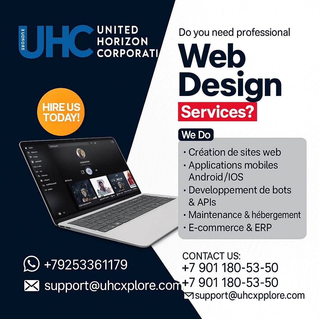 uhcexplore's tweet photo. 🌐 Need a pro #WebDesign or #MobileApp? @UHCorporation has you covered!  

✔ Websites ✔ Apps ✔ Bots/APIs ✔ E-commerce  
✔ Hosting &amp; Maintenance  

📞 Contact: +7 901 180-53-50  
📩 support@uhexplore.com  

Let’s build something amazing! 🚀 #TechSolutions #DigitalGrowth https://t.co/BySnTKHFcy