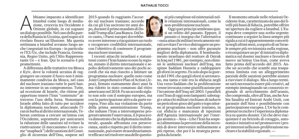 NathalieTocci's tweet image. A Istanbul si sogna un dialogo possibile. Nel caso della guerra della Russia in Ucraina, quel sogno si è rivelato finora un’illusione. Ma a Istanbul avranno luogo anche i negoziati tra Europa e Iran. Qui lo scenario è più decisamente più promettente. Oggi su la Stampa