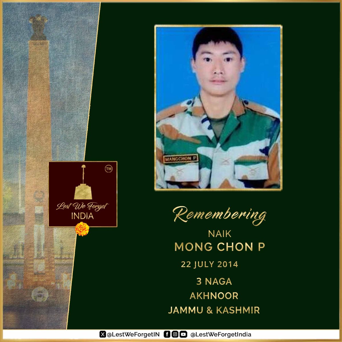 LestWeForgetIN's tweet image. Protecting the Line of Control and the supreme sacrifices of our #IndianBraves

#LestWeForgetIndia🇮🇳 Naik Mong Chon P, 3 NAGA, laid down his life in a counter infiltration ops in Akhnoor, J&amp;amp;K, #OnThisDay 22 July 2014.  

Gone, but not forgotten 🏵️
