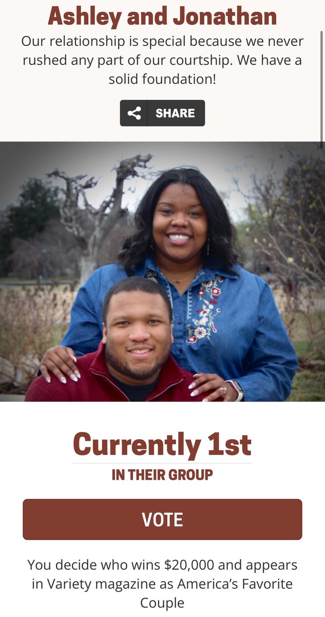 My young brother is in a contest and can possibly win. Please take time to vote for him and his fiancée (my soon-to-be sister-in-law).

NOTE: You must use your Facebook account in order to vote!
americasfavcouple.org/2025/ashley-an…