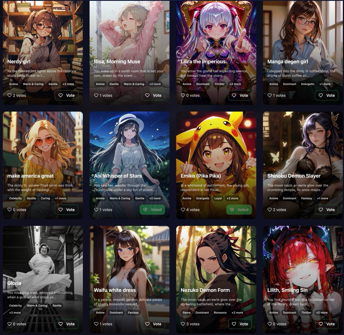 heygentlewhale's tweet image. Bring your waifu to life and make your voice count!
Create your own waifu and cast your votes.
Your characters will become fully interaction ready once the platform goes live.
Earn rewards as your characters rise through the ranks and win hearts 💖 @Bubioai