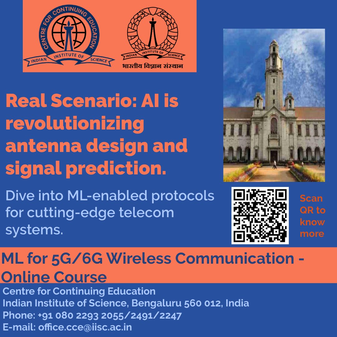ForContinuing's tweet image. Elevate your wireless communication expertise with the Online Course on Machine Learning for 5G and 6G Wireless Communication from CCE–IISc.
Know more: cce.iisc.ac.in/cce-proficienc…
#IIScBangalore #IISc #5GTraining #6GWireless #FutureTech #MachineLearning #TechEducation #WirelessTech