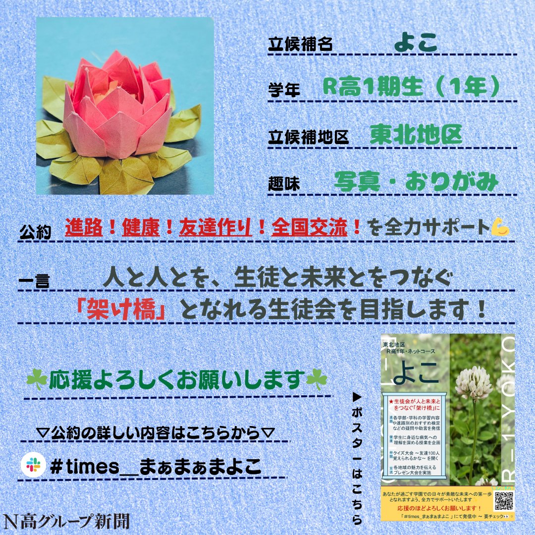 nshighnewspaper's tweet image. 【生徒会役員選挙立候補者プロフィール帳大公開!】
いよいよ後半に差し掛かる #生徒会役員選挙 。
#N高グループ新聞 のXでは立候補者から募集したプロフ帳を載せていきます!🙌✨
一人目
まだいさん
二人目
Ryuuくんさん
X:x.gd/qw4OF
三人目
みやさん
X:@m1yxna
四人目…