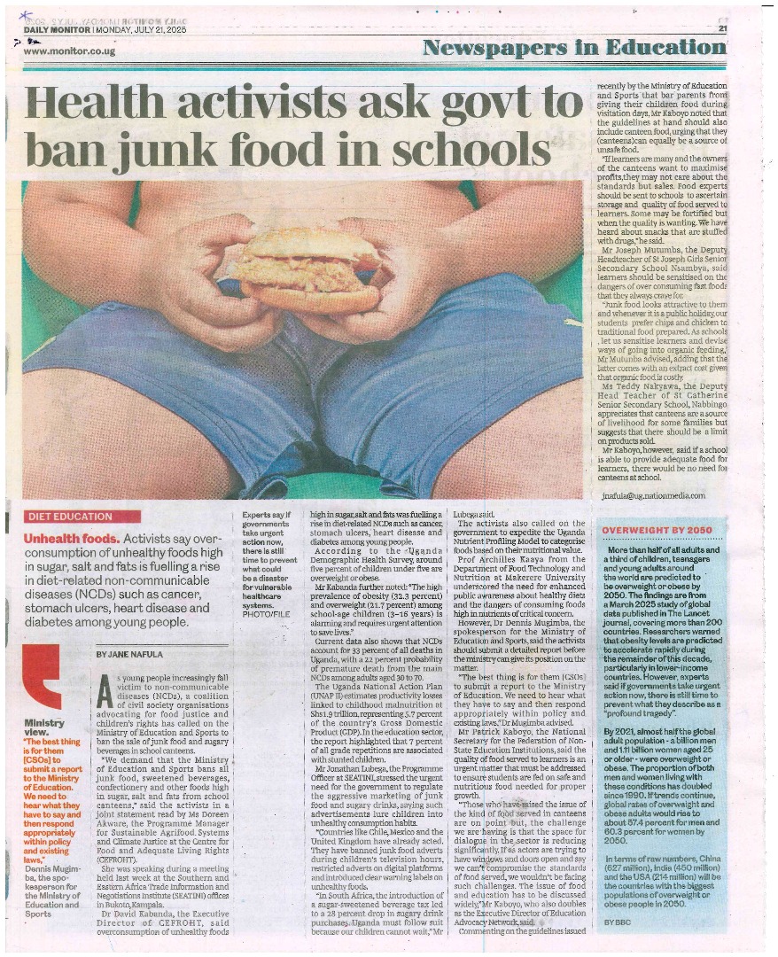 CefrohtUg's tweet image. Dear @JaneRuth_Aceng ,
Ugandan children are under attack and the food industry doesn’t care. We are calling on the @MinofHealthUG @olaro_charles @DianaAtwine to expedite the signing of an evidence-based Nutrient Profiling Model (NPM) to help regulate foods high in sugar, salt,…