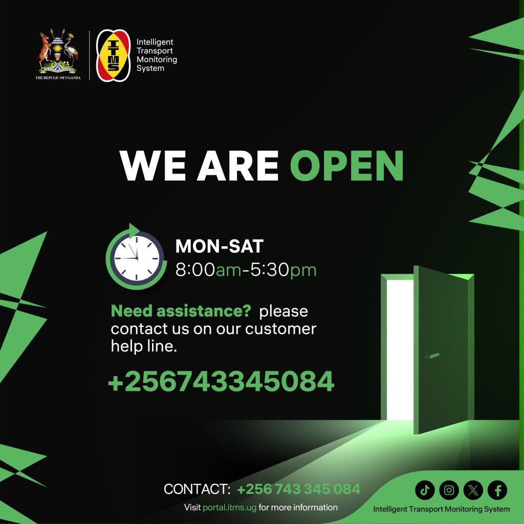 IanJeremiah_'s tweet image. Do you need help with your new number plates, registration, or questions about #EPS?
@itmsug is open Monday to Saturday, 8:00am to 5:30pm.
Call us: +256 743 345 084
Or visit: portal.itms.ug
#ITMSug