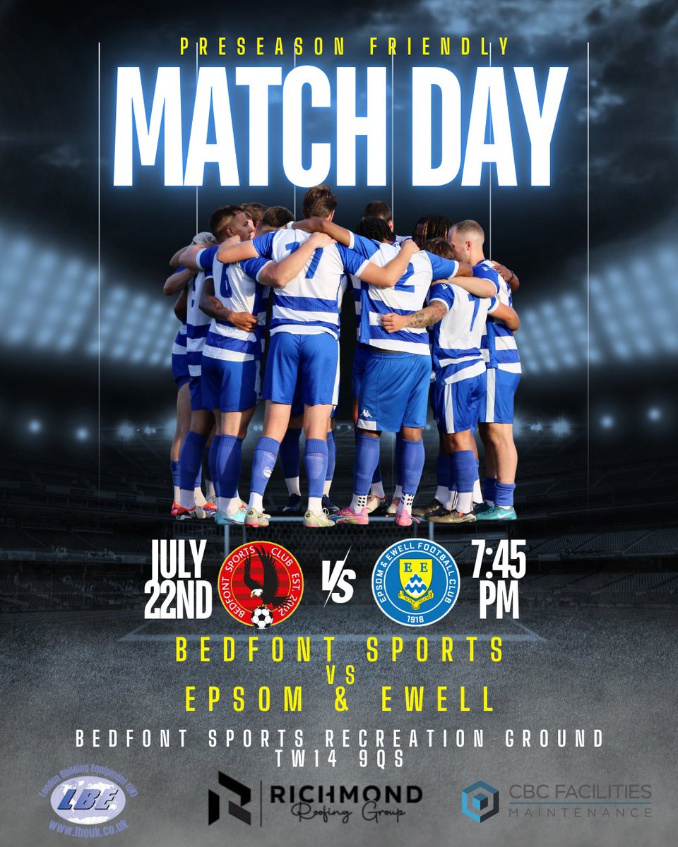 Epsom & Ewell Football Club (@epsomewellfc) on Twitter photo ⚽ MATCHDAY
Away vs <a href="/BSFC_Official/">Bedfont Sports Club</a>
📍 The Rec | 🕢 KO: 7:45PM
📅 Tue, July 22
📫 TW14 9QS
Let’s keep the momentum going.
Up the Salts! 🧂⚪🔵
#WeAreEpsom #Salts #Preseason #Game4 ⚽ MATCHDAY
Away vs <a href="/BSFC_Official/">Bedfont Sports Club</a>
📍 The Rec | 🕢 KO: 7:45PM
📅 Tue, July 22
📫 TW14 9QS
Let’s keep the momentum going.
Up the Salts! 🧂⚪🔵
#WeAreEpsom #Salts #Preseason #Game4