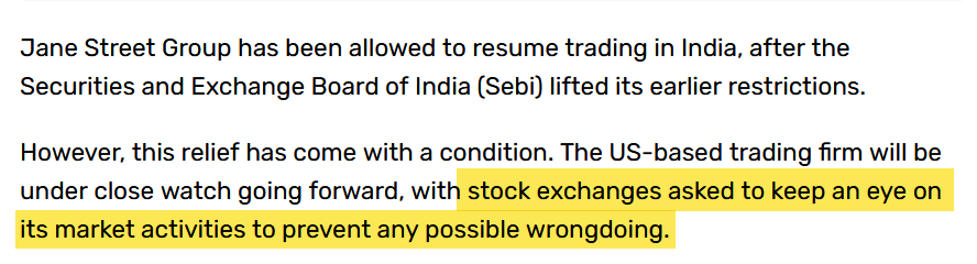 SEBI: “Stock exchanges will now monitor Jane Street.”

You mean the same NSE that earns revenue from them and gave them a clean chit earlier?

Fair enough.