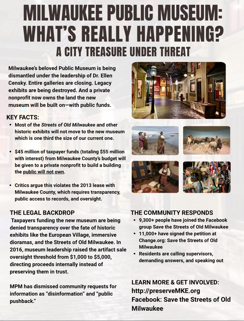 CoriHousto33457's tweet image. Where’s the list?
Where’s the plan?
Who’s keeping watch?
MPM is calling our @MKEPublicMuseum exhibits “components” so they can quietly take control of them.
No inventory. No oversight. No truth.
This isn’t a move — it’s a purge.
#NotAComponent #SaveOurMuseum #MPM
Ask your…